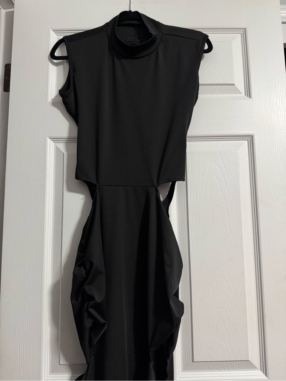 Black Sleeveless Mock Neck Dress with Side Cutouts